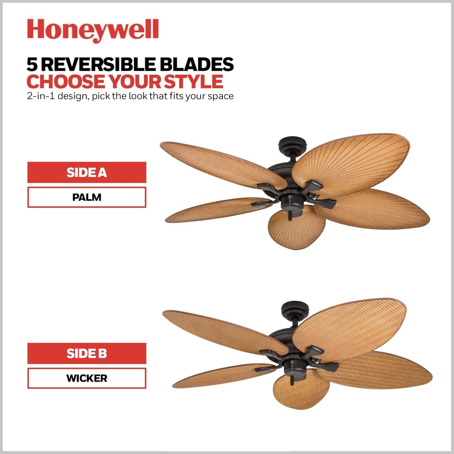 Honeywell ceiling fans with reversible blades on a white background