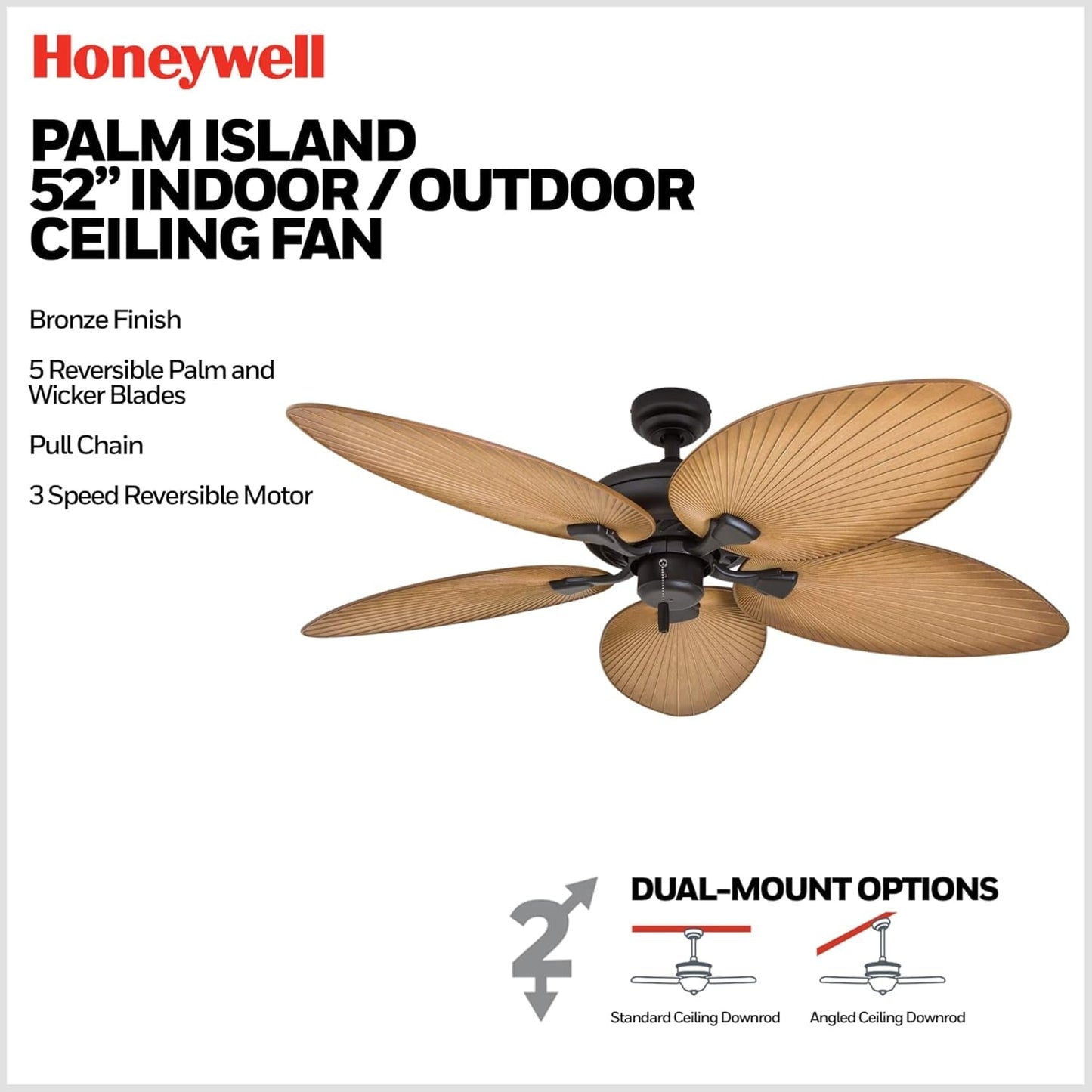 Honeywell Palm Island ceiling fan with specifications on a white background