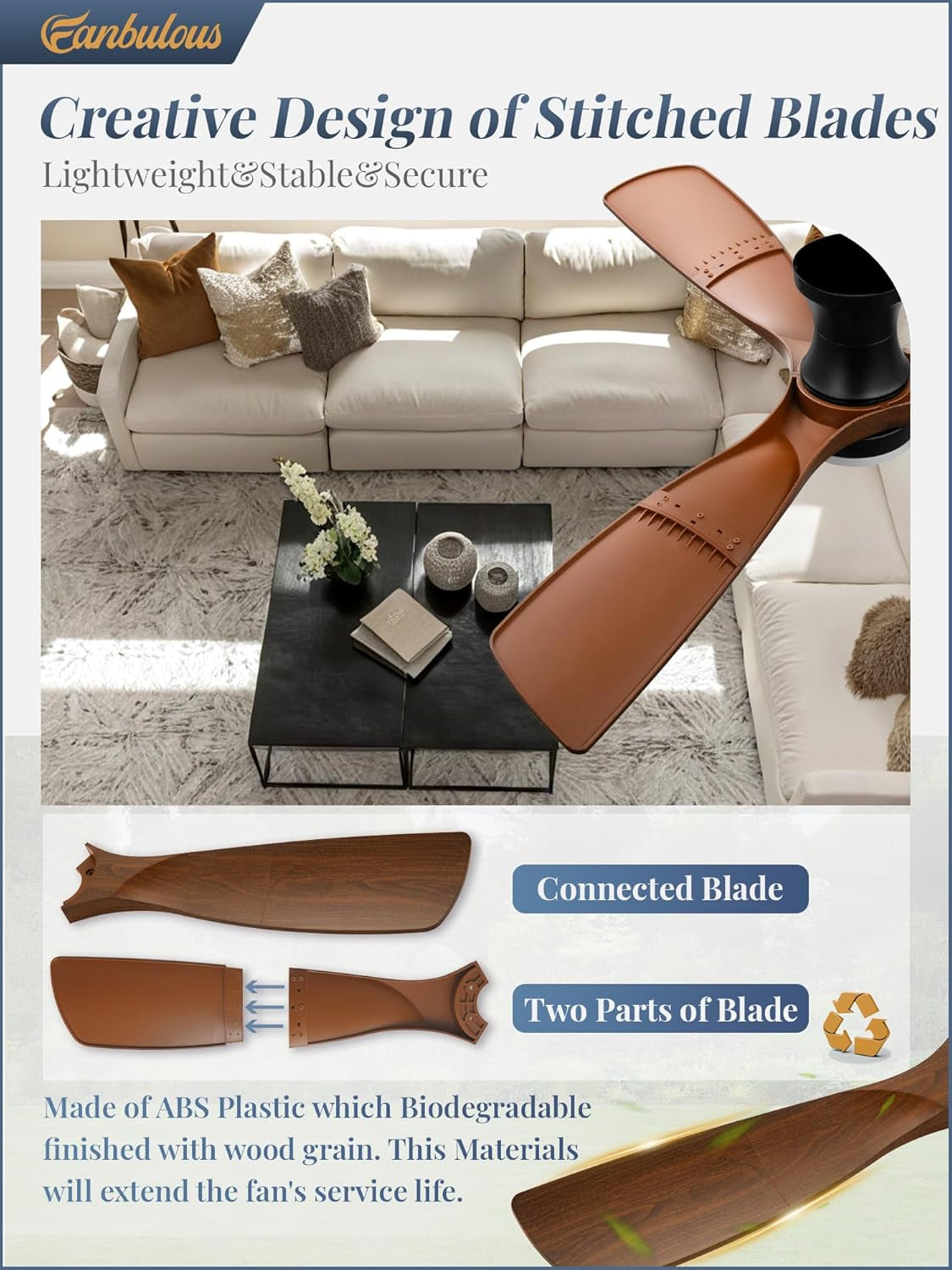 Advertisement for a fan blade with text about design, material, and benefits, set against a living room background.