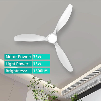 Ceiling fan with power and brightness specifications on a gray background