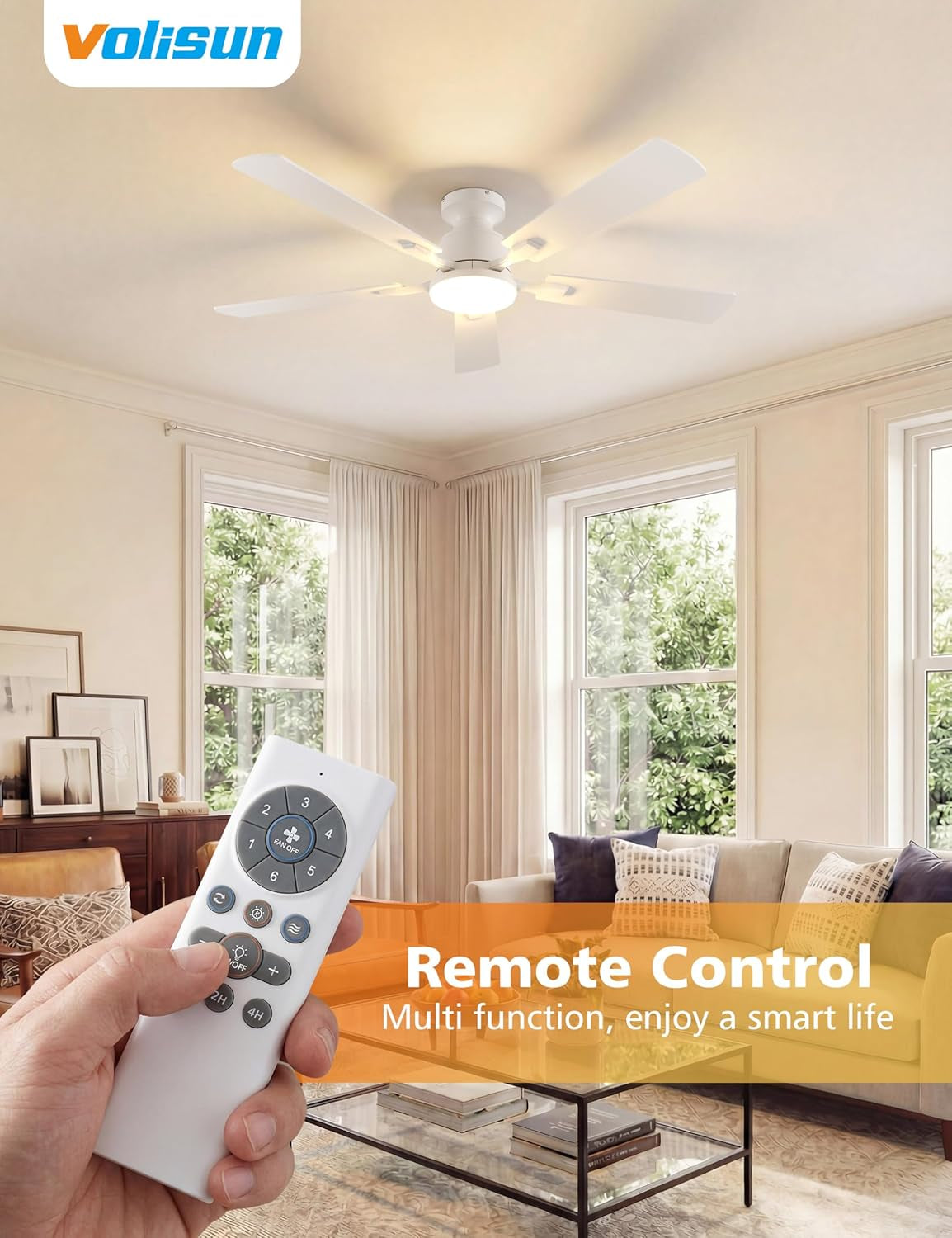 Living room with ceiling fan and remote control, featuring Volisun brand.