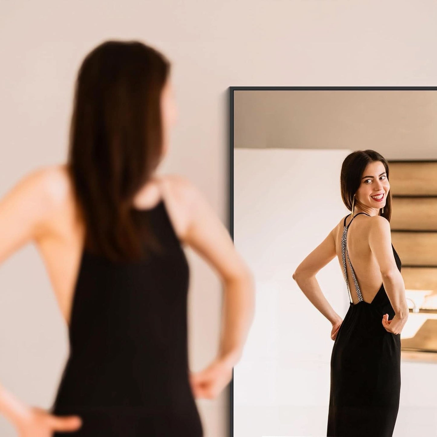 Black 30x50 Inch Rectangular Wall Mirror Polished Metal Frame Durable