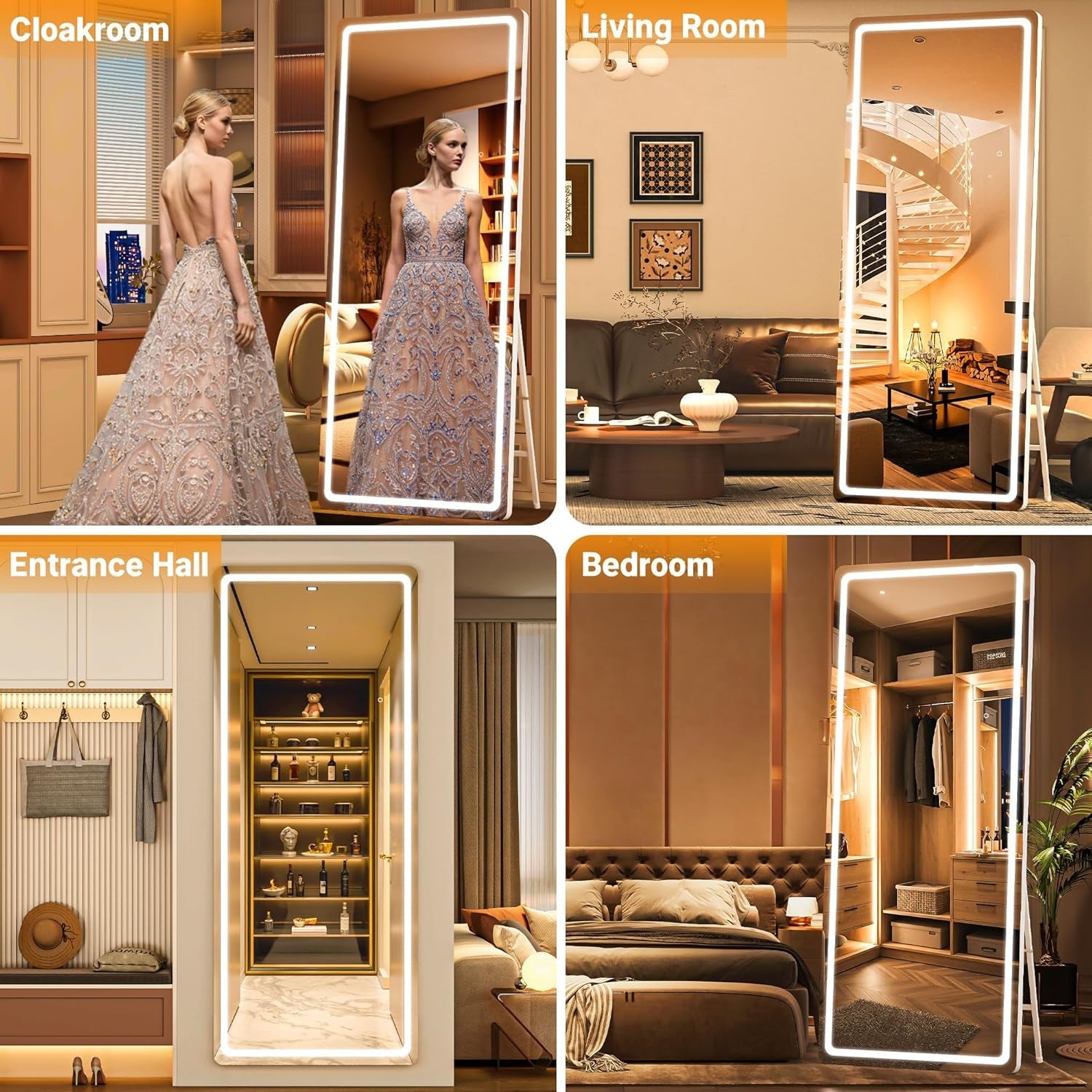 Collage of a smart mirror in different rooms including a cloakroom, living room, entrance hall, and bedroom.