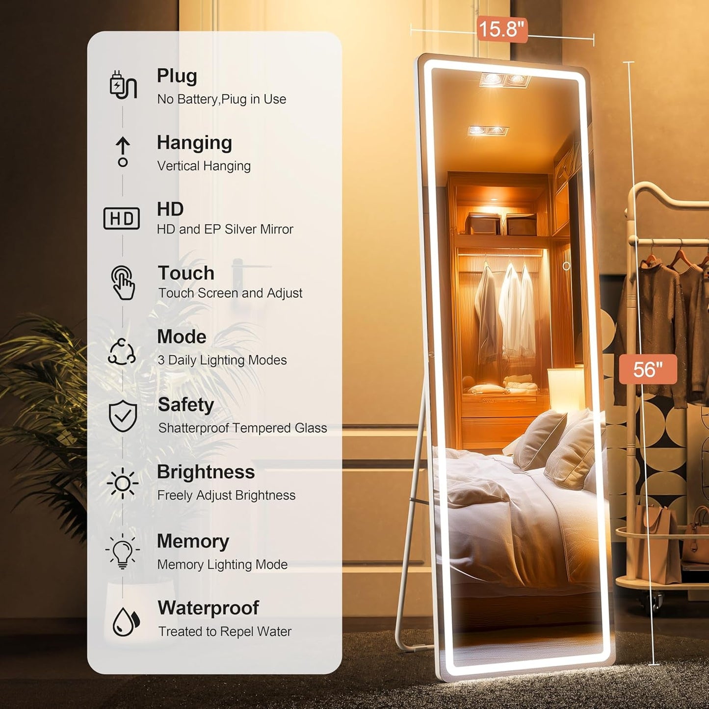 Smart mirror with features listed on the left and a bedroom setting in the background