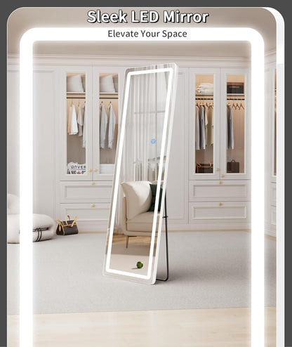 LED mirror with text 'Sleek LED Mirror Elevate Your Space' in a room setting.