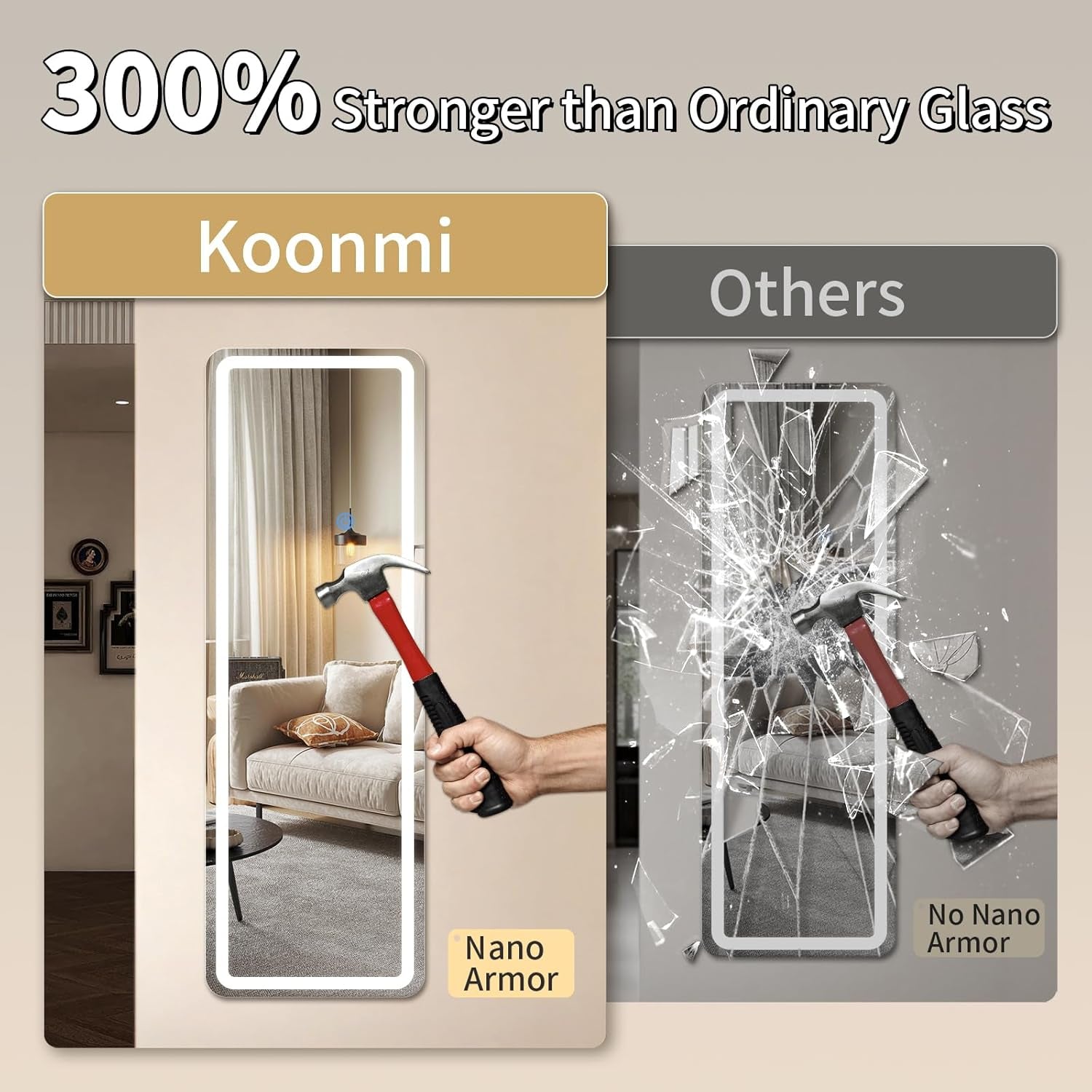 Advertisement for Koonmi glass with nano armor compared to ordinary glass, showing durability with a hammer test.