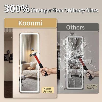 Advertisement for Koonmi glass with nano armor compared to ordinary glass, showing durability with a hammer test.