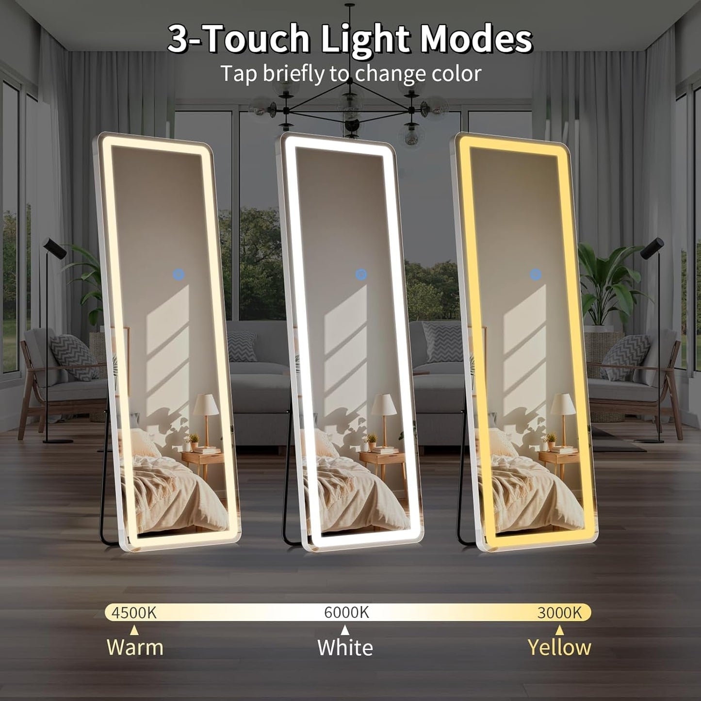 Three standing mirrors with different light modes displayed in a room setting.