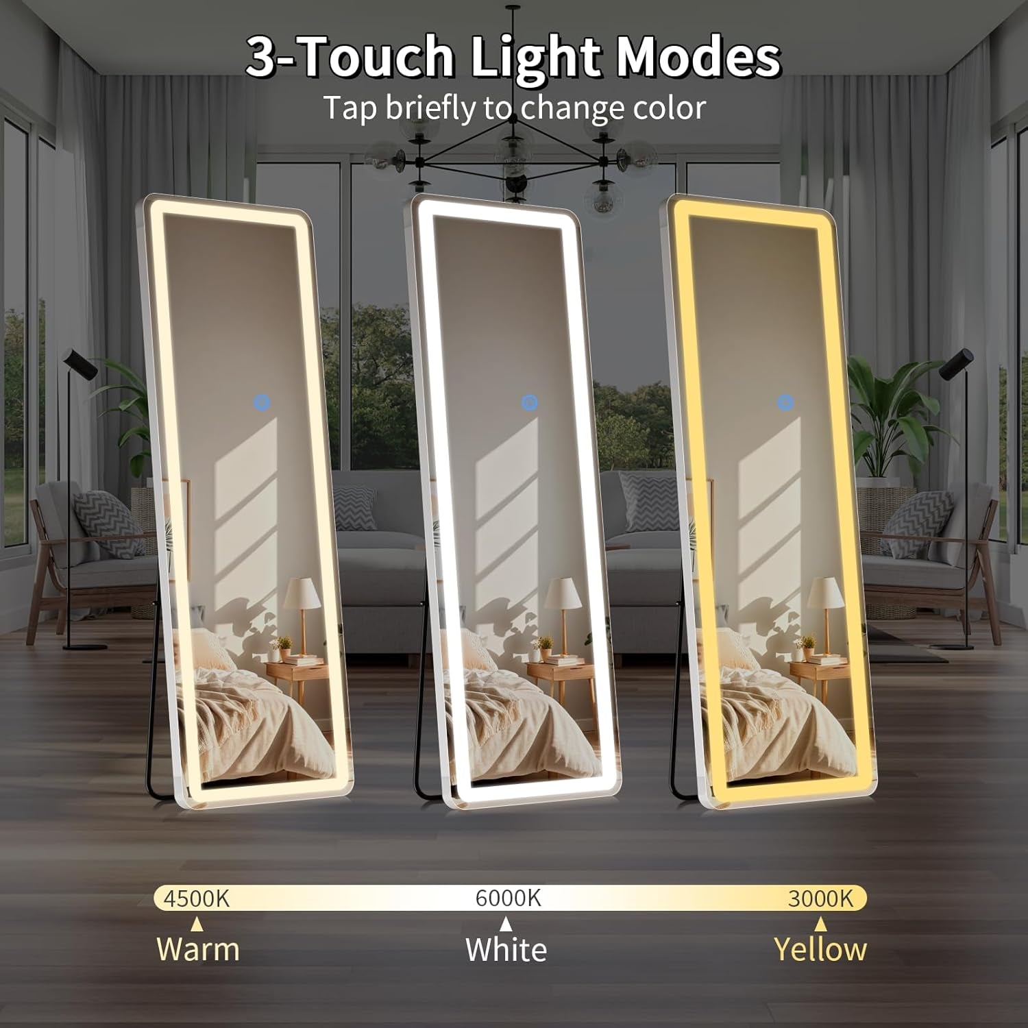 Three standing mirrors with different light modes displayed in a room setting.
