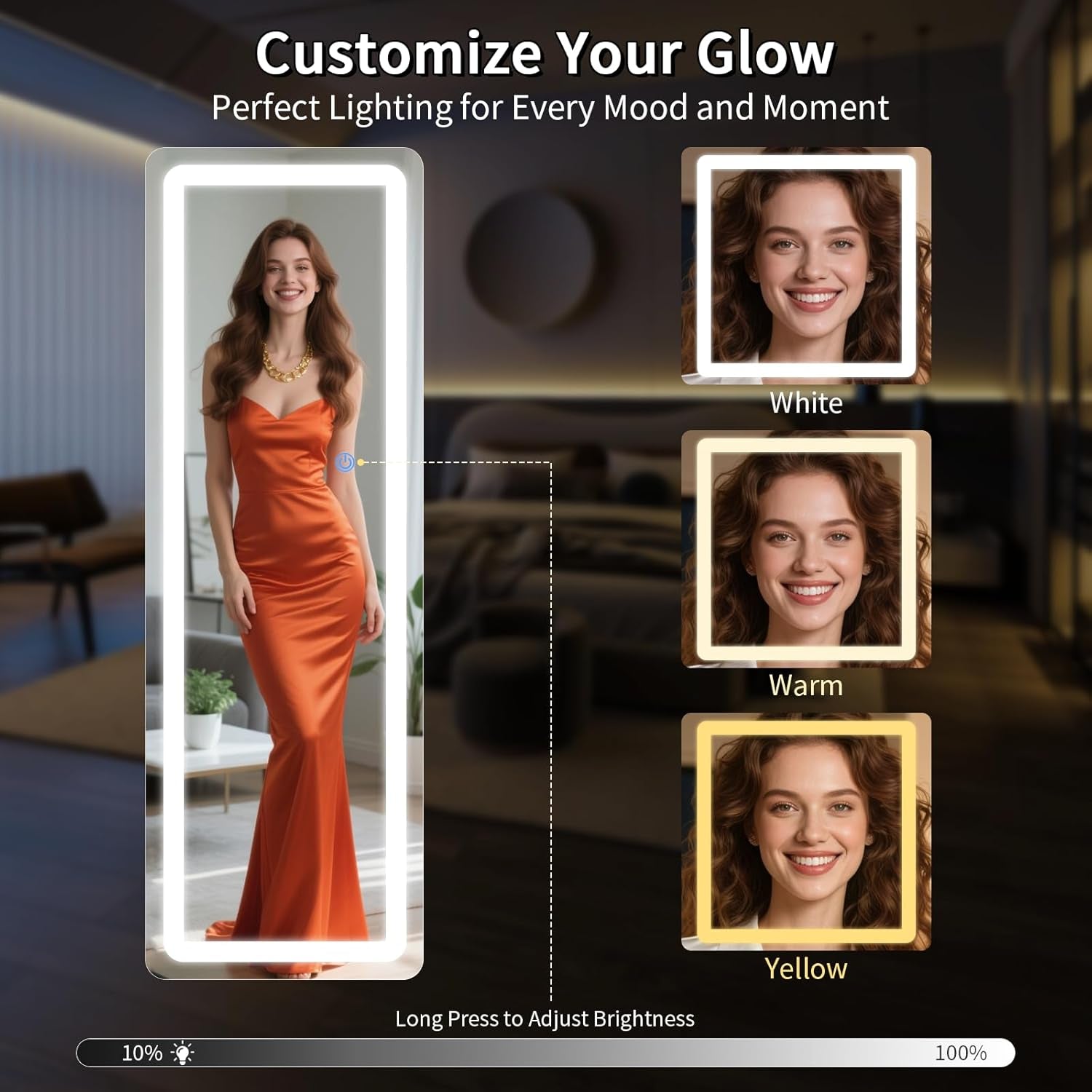 Digital photo editing tool with options to customize lighting for a woman in an orange dress.