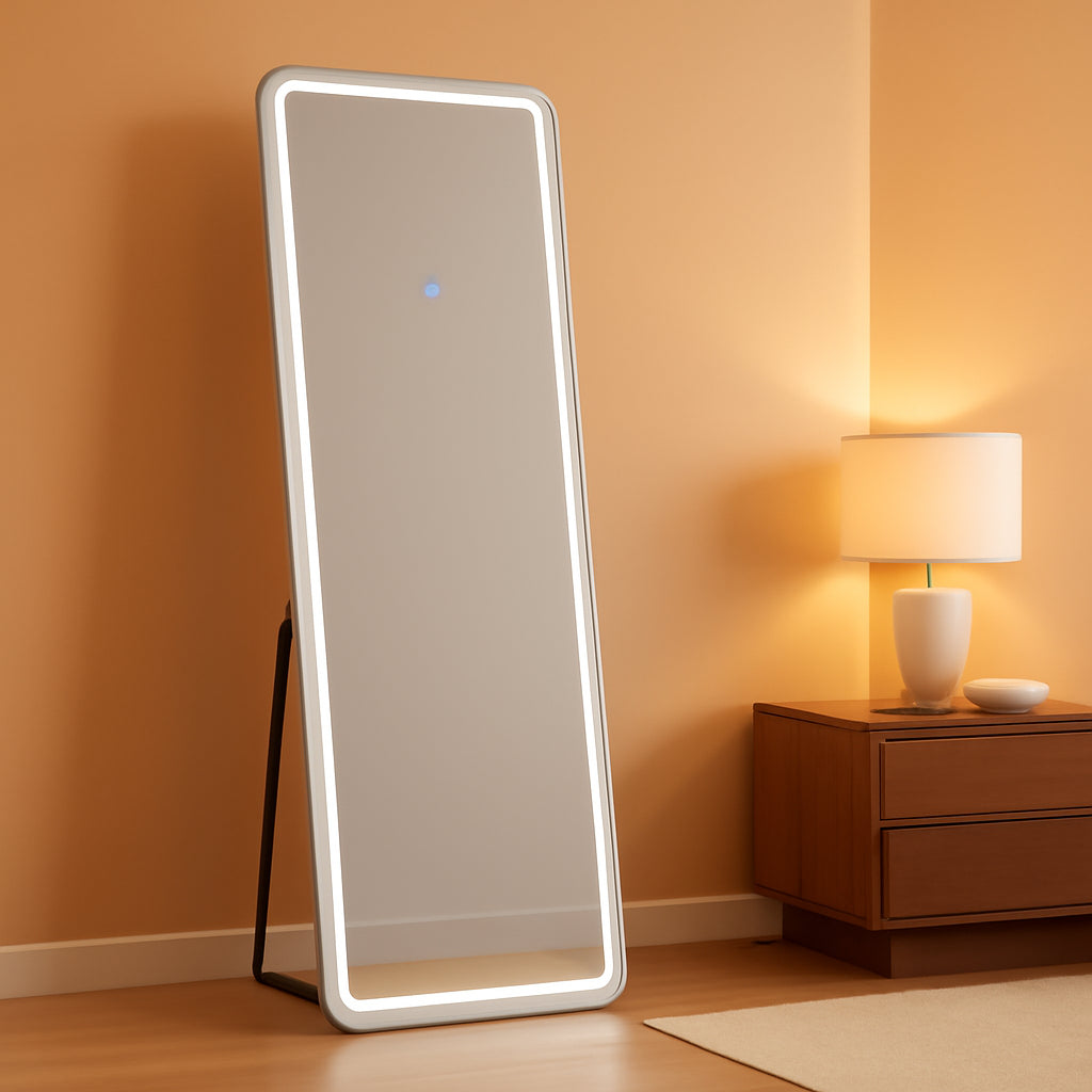 Full-length mirror with LED lighting in a room with a lamp and nightstand.