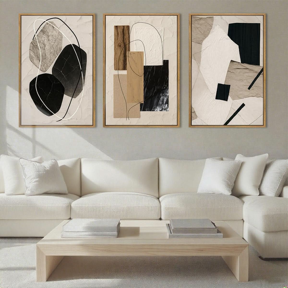 Framed Abstract Canvas Wall Art 36x24 Neutral Geometric Modern Decor