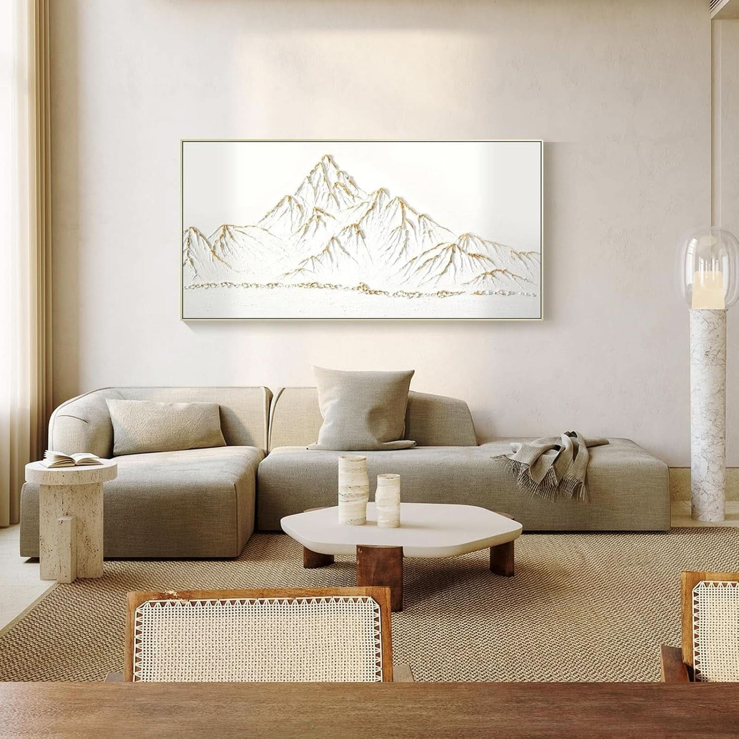 White Gold Framed Textured 48x24 Handmade Landscape Artwork