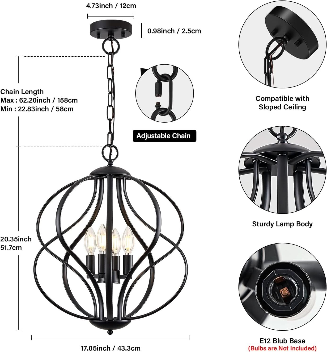 Black Four Light Geometric Pendant Chandelier Adjustable Height