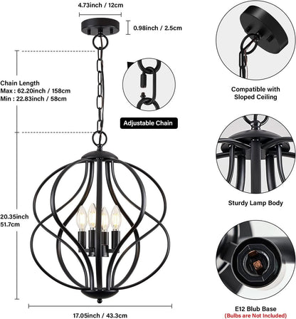 Black Four Light Geometric Pendant Chandelier Adjustable Height