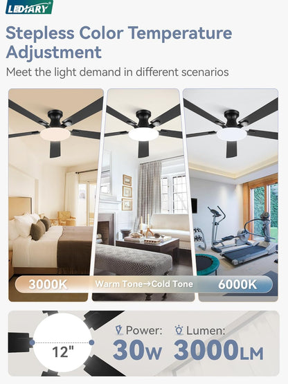 Ceiling fan with stepless color temperature adjustment features in a bedroom, living room, and home office setting.