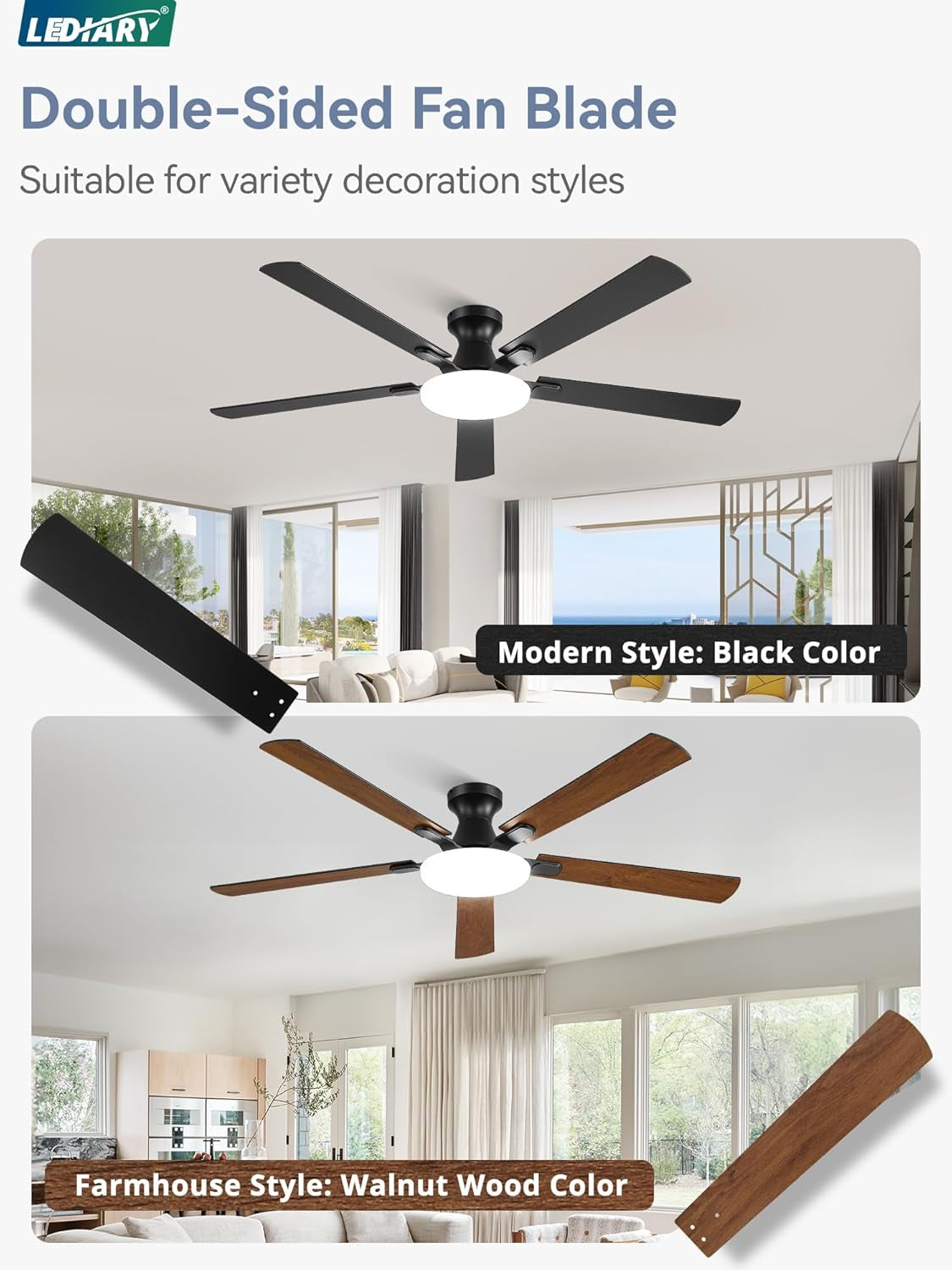 Double-sided ceiling fan blade with black and walnut wood color options, suitable for modern and farmhouse styles.