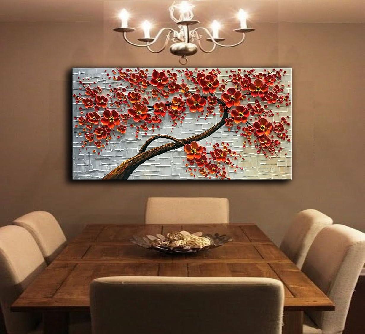 Dining room with a large abstract painting of red flowers on a wall above a wooden table.