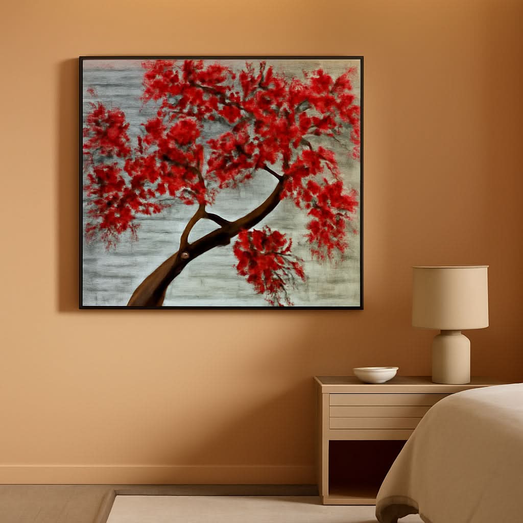 Framed artwork of a red tree on an orange wall above a nightstand with a lamp.