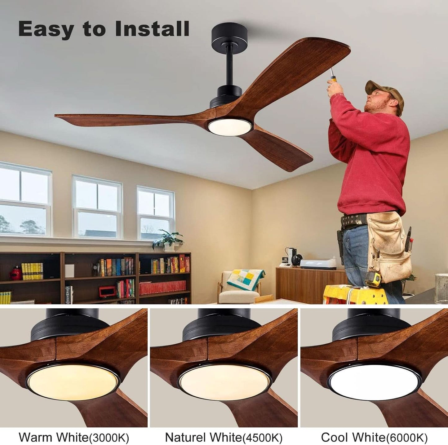 52 Inch Black Walnut Solid Wood Ceiling Fan with LED Light and Remote