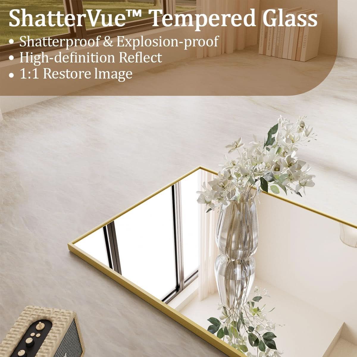 ShatterVue tempered glass with gold frame on a table with flowers, text highlighting features.
