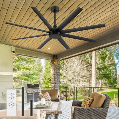 Outdoor patio with wicker furniture, ceiling fan, and grill on a wooden deck.