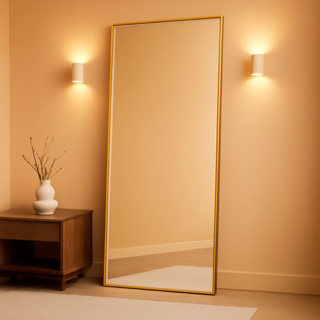 65 Inch Full Length Floor Mirror Gold Aluminum Frame Tempered Glass