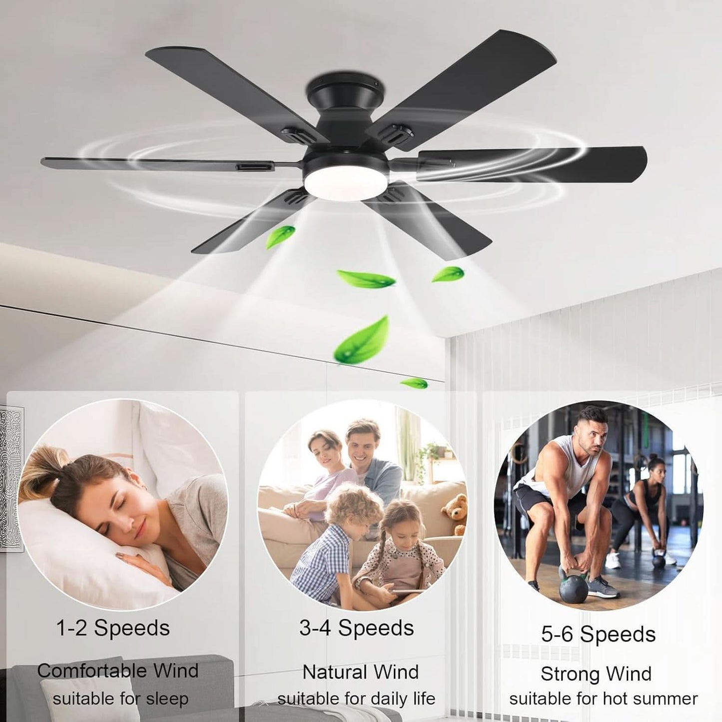 56Inch Jet Black Ultra Quiet Flush Mount Ceiling Fan with LED Dimming