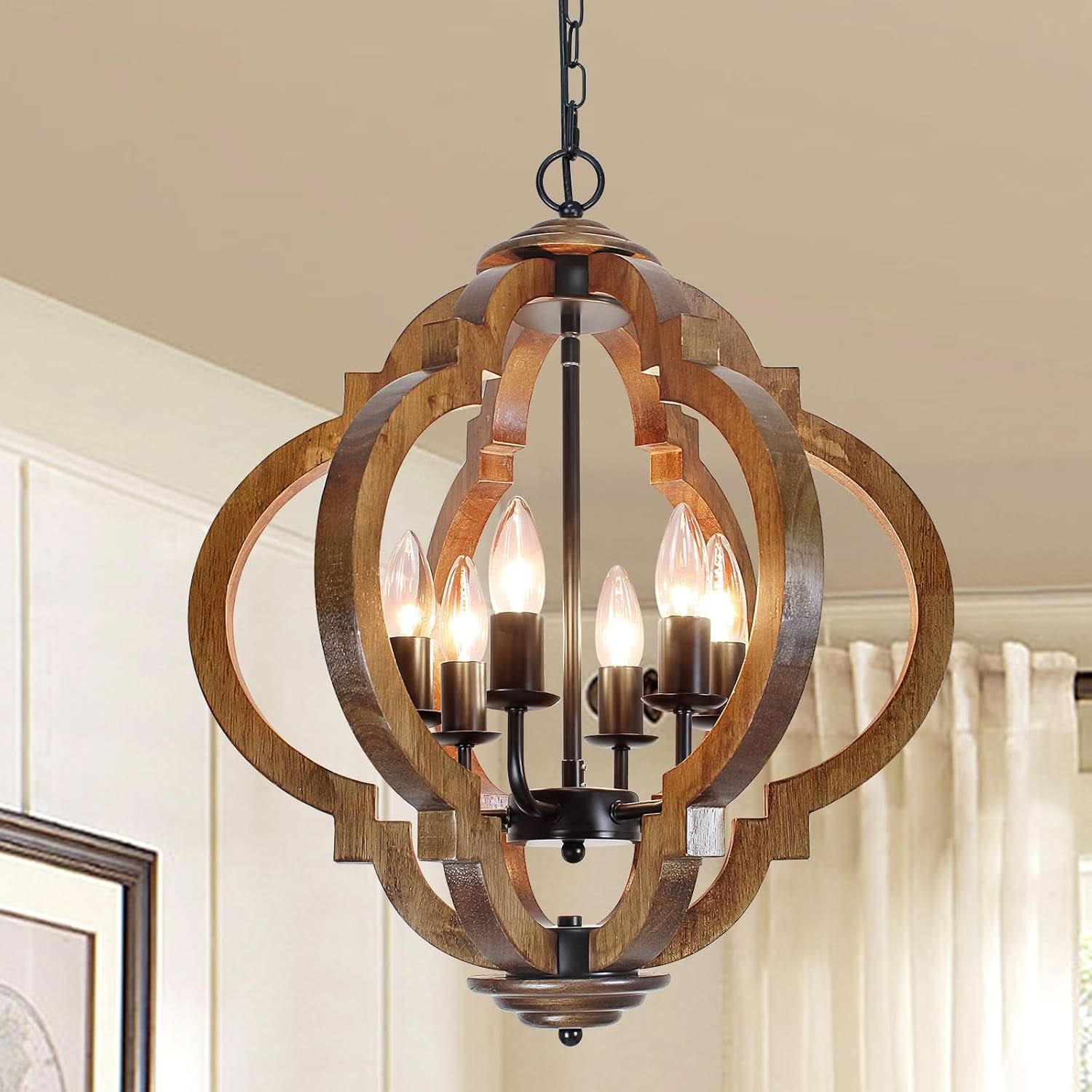 Six Light Farmhouse Chandelier Rustic Black Metal Wood Ceiling Light