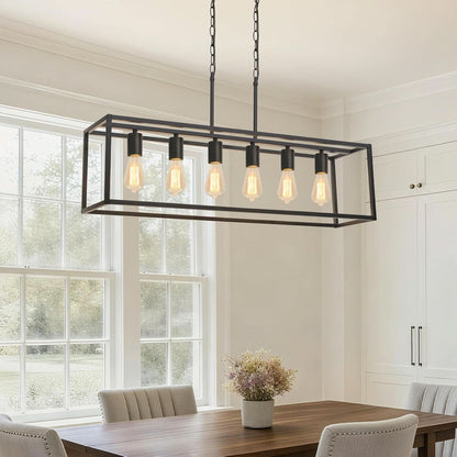 Six Light Black Linear Chandelier Adjustable Height Farmhouse Ceiling Light
