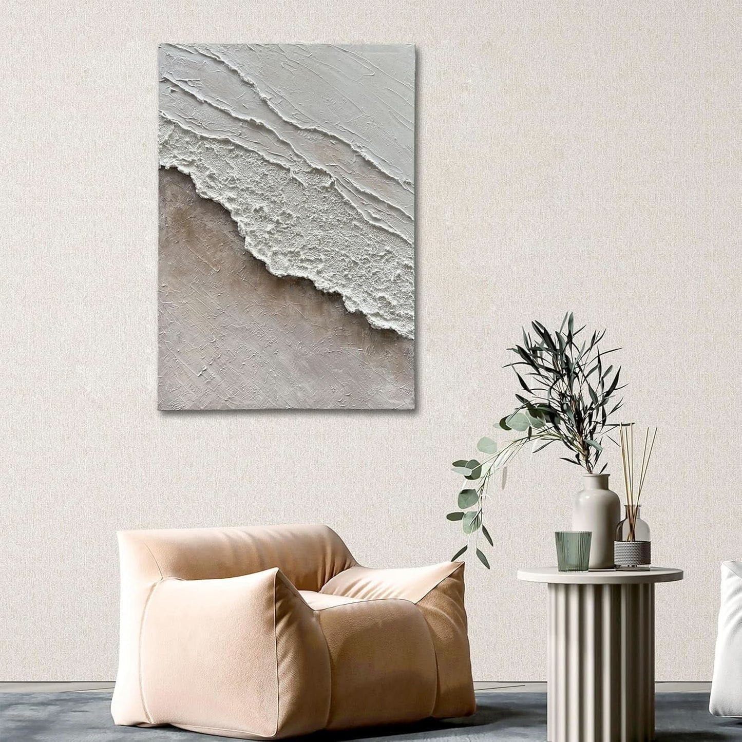 40x28 Inch Hand-Painted Abstract Oil Painting White Brown Gradient Wall Art