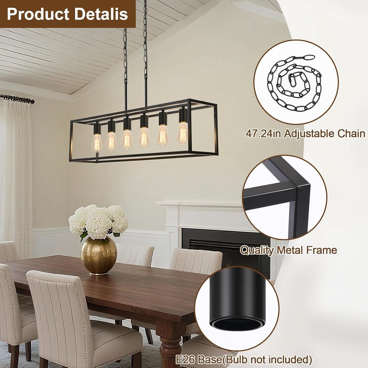 Six Light Black Linear Chandelier Adjustable Height Farmhouse Ceiling Light