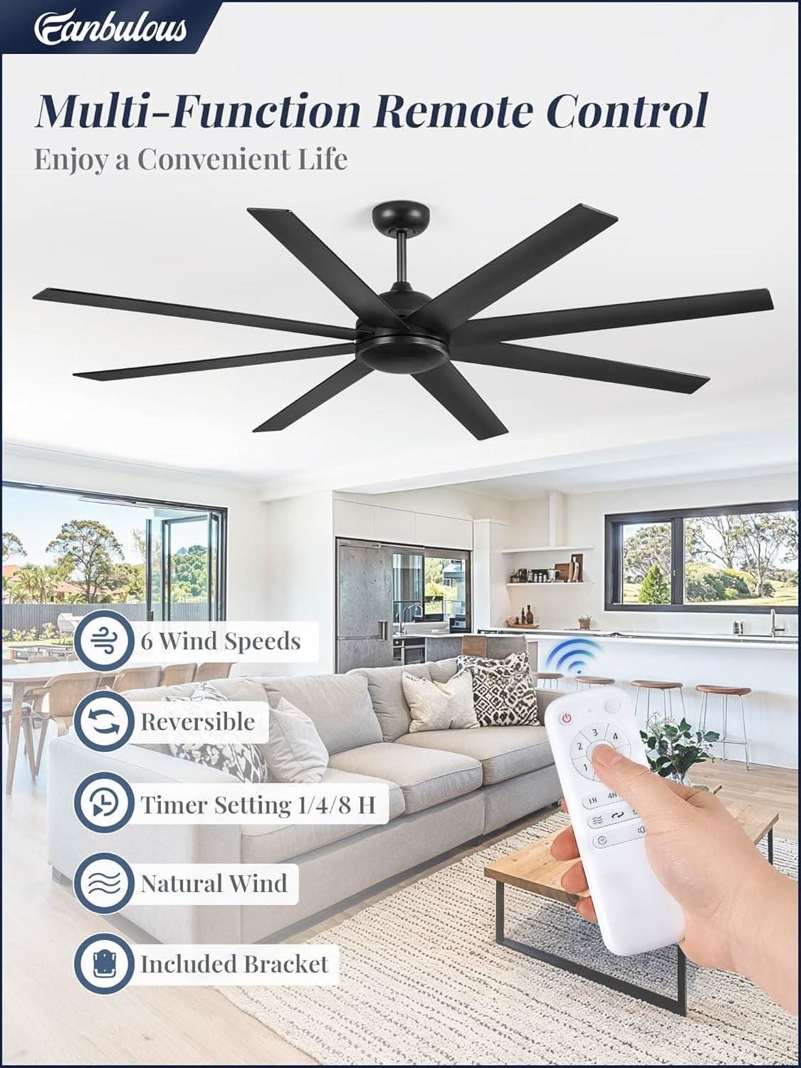 Black ceiling fan with remote control in a living room setting, featuring text about multi-function remote control.