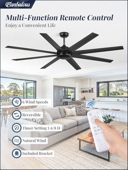 Black ceiling fan with remote control in a living room setting, featuring text about multi-function remote control.
