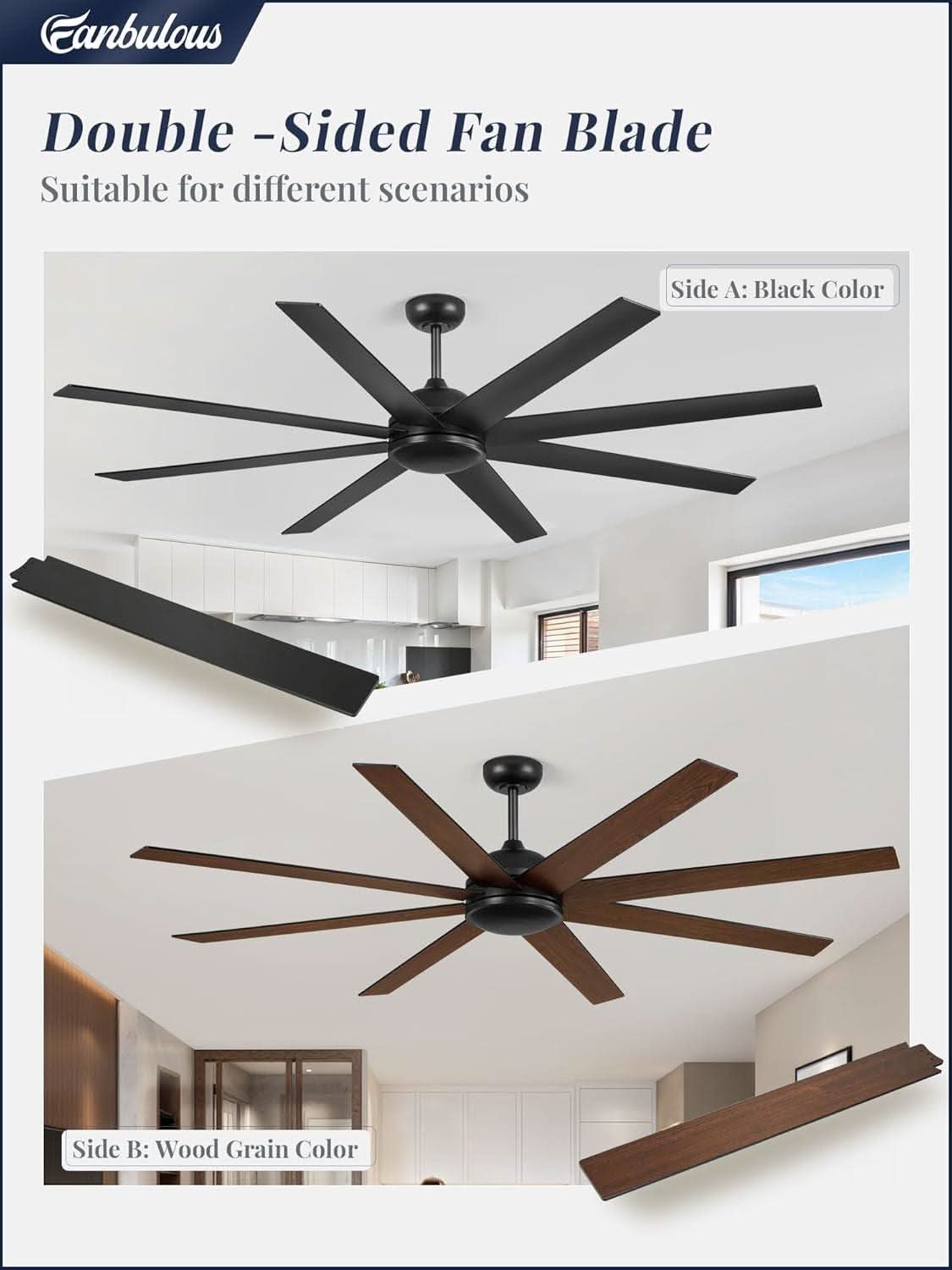 Double-sided ceiling fan blade with black and wood grain color options, suitable for different scenarios.