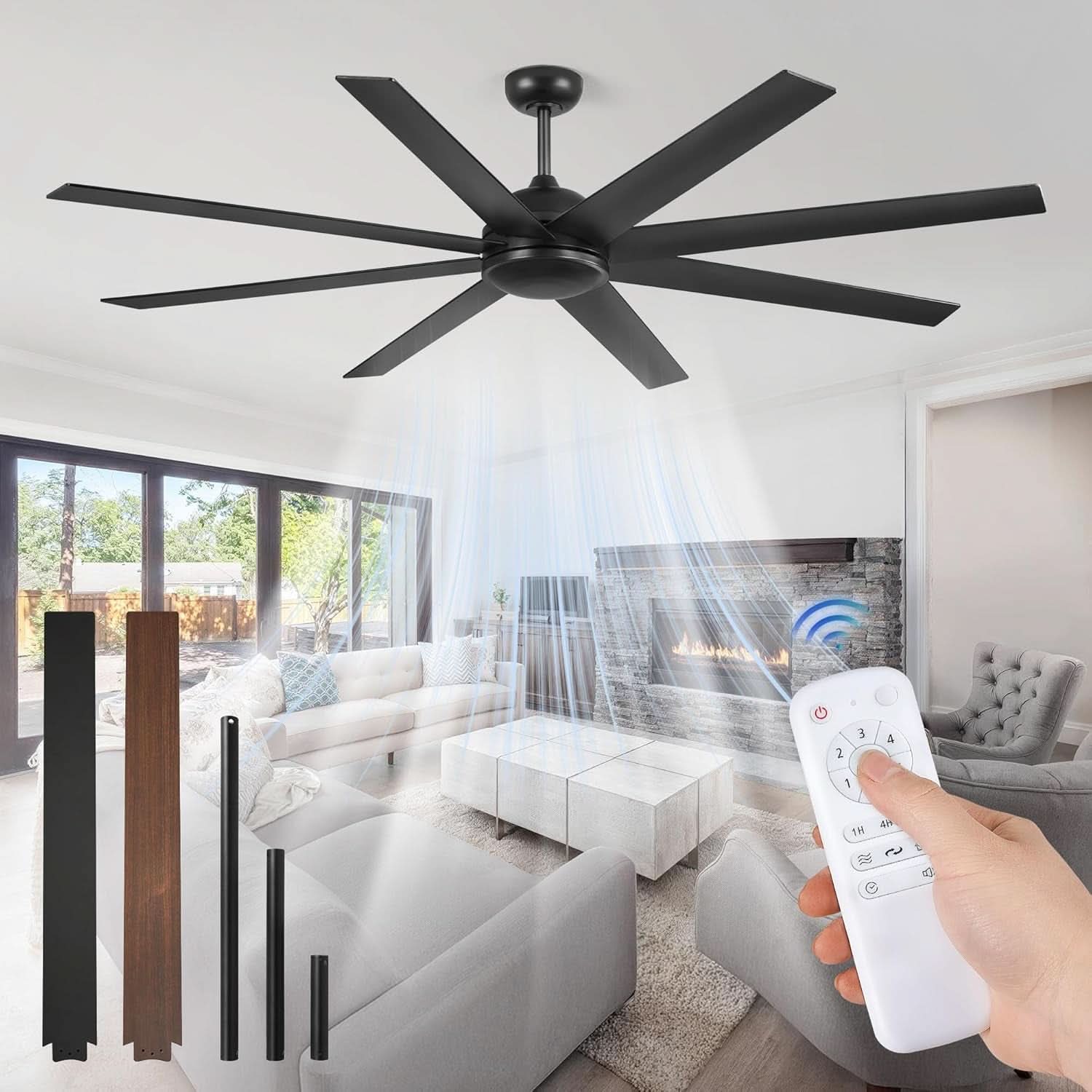 Black ceiling fan with remote control in a living room setting