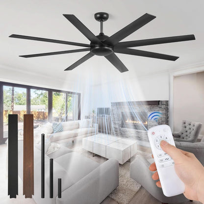 Black ceiling fan with remote control in a living room setting