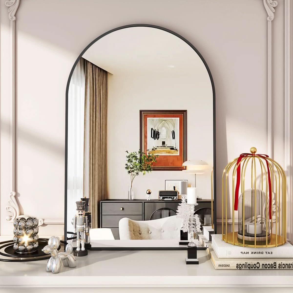 Arched Wall Mirror 24x36 Black Frame Wall Mounted Vanity Mirror-1