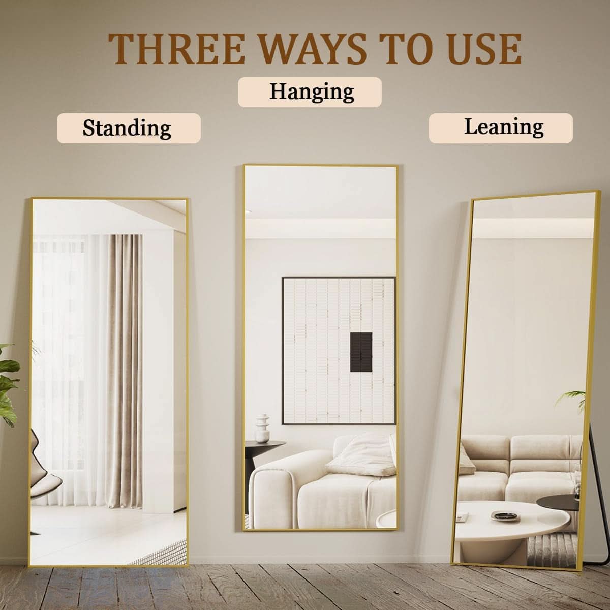 65 Inch Full Length Floor Mirror Gold Aluminum Frame Tempered Glass