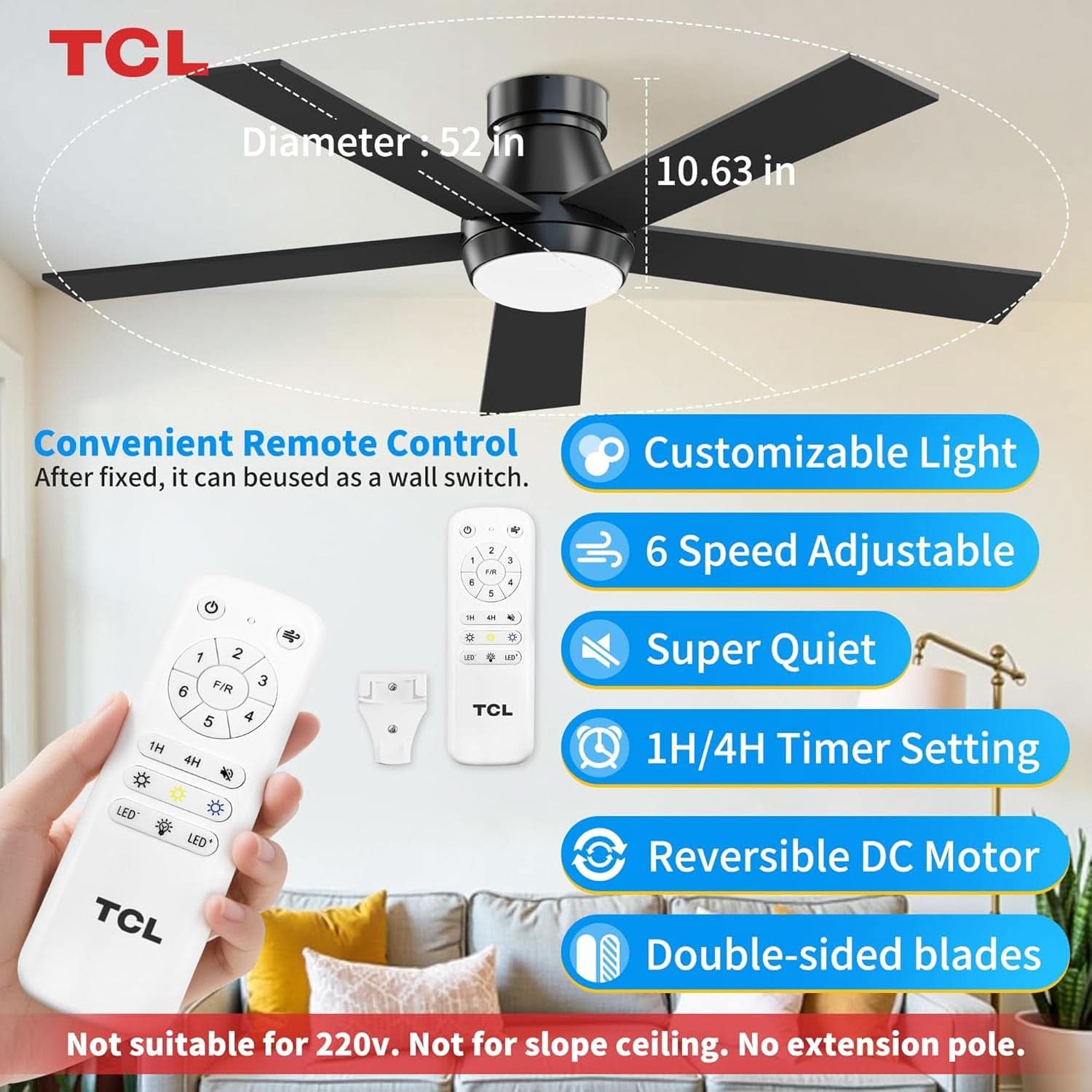 52 Inch Contemporary Ceiling Fan with Remote, Reversible Blades, Flush Mount