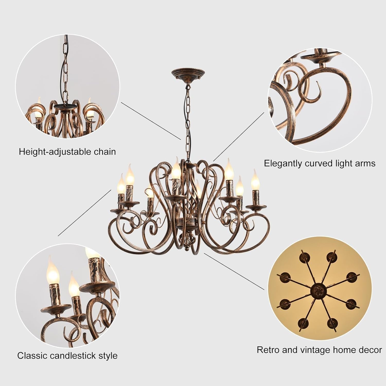Eight Light French Country Adjustable Bronze Pendant Chandelier