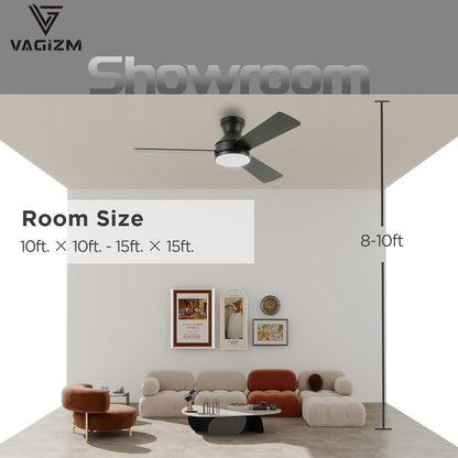 42 Inch Matte Black Low Profile Ceiling Fan with Dimmable LED Light