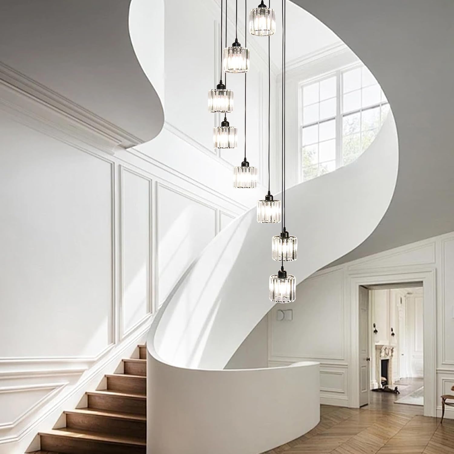 Modern staircase with white walls and pendant lights in a stylish interior.
