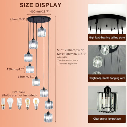 Chandelier with size display and bulb compatibility on a peach background