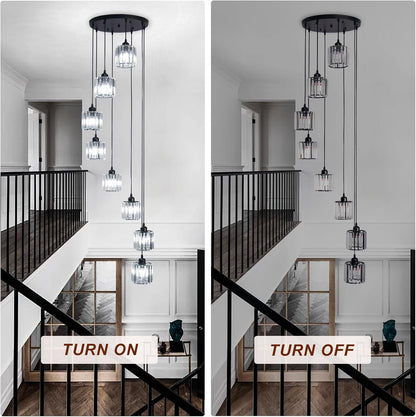 Two views of a modern staircase with pendant lights, one on and one off.