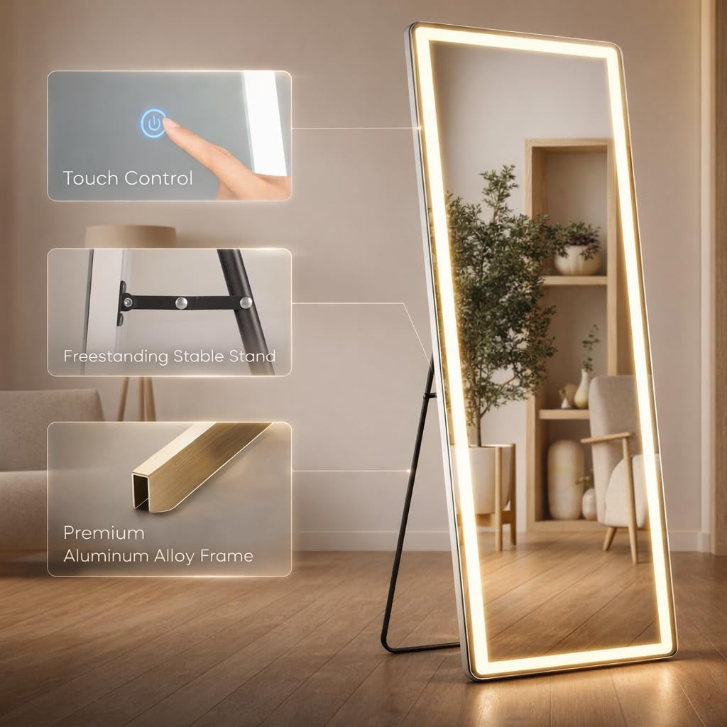 Statement LED Dimmable Full Length Mirror 71x26 Inches Aluminum Frame