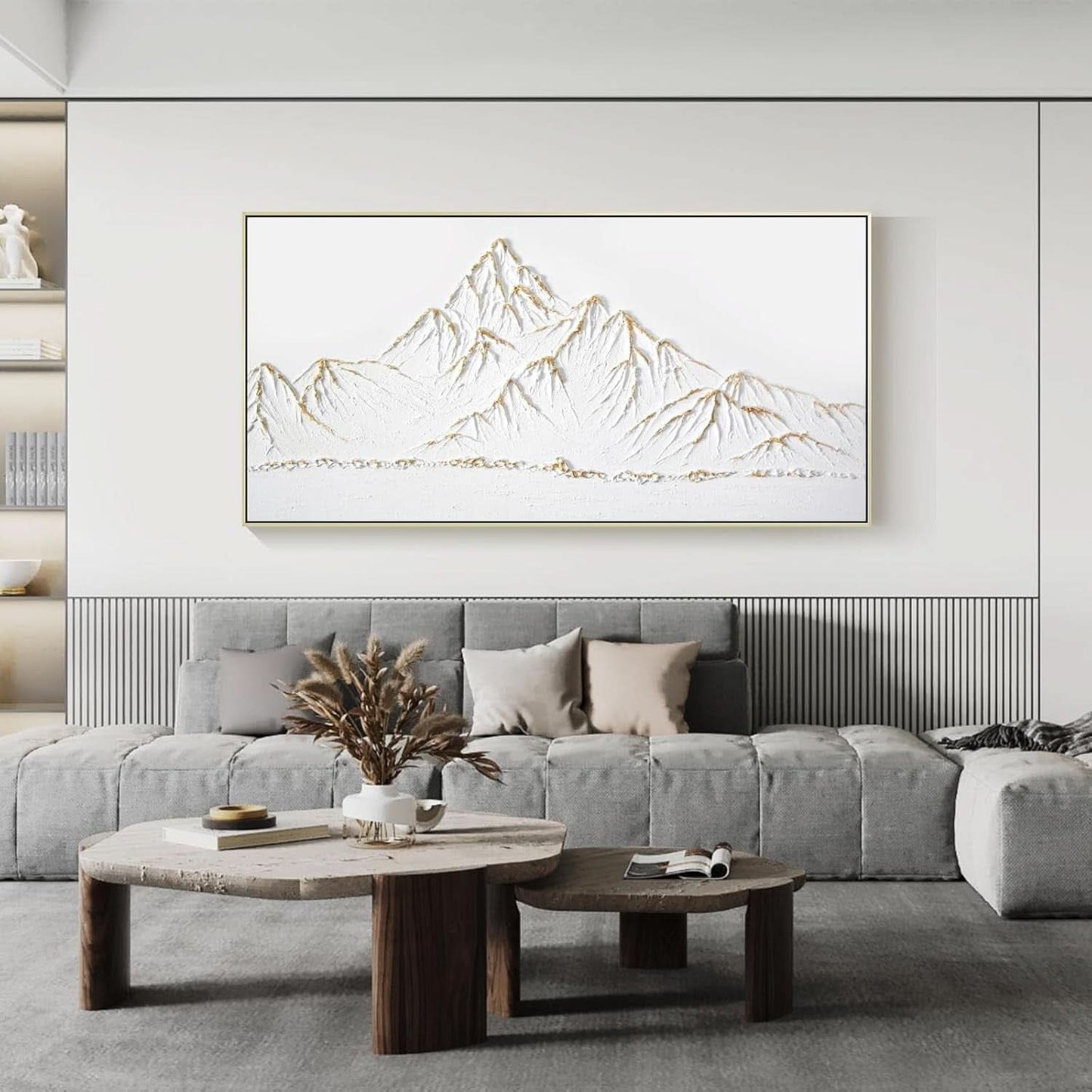 White Gold Framed Textured 48x24 Handmade Landscape Artwork