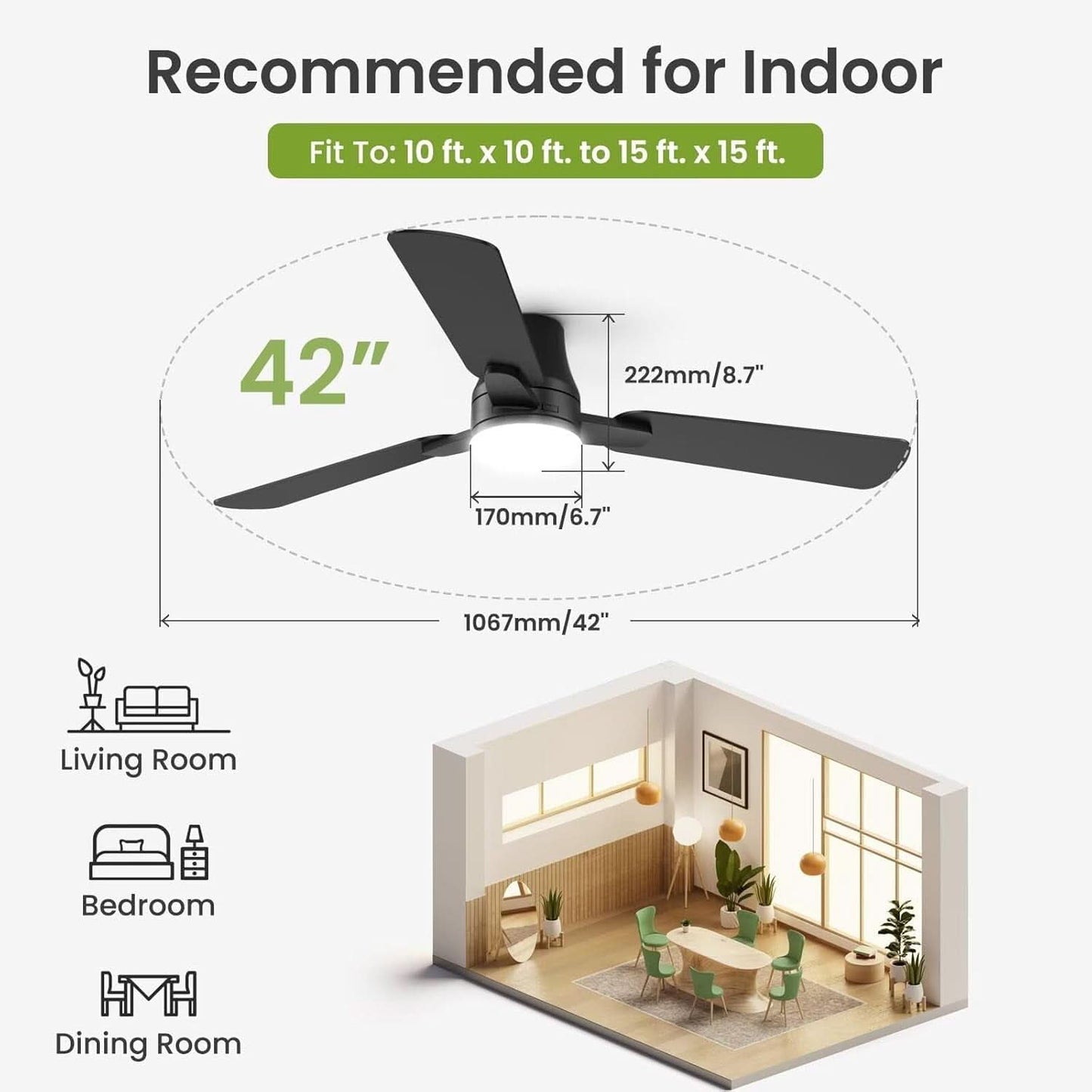 42 Inch Black Ceiling Fan with Light Energy Efficient Remote Control