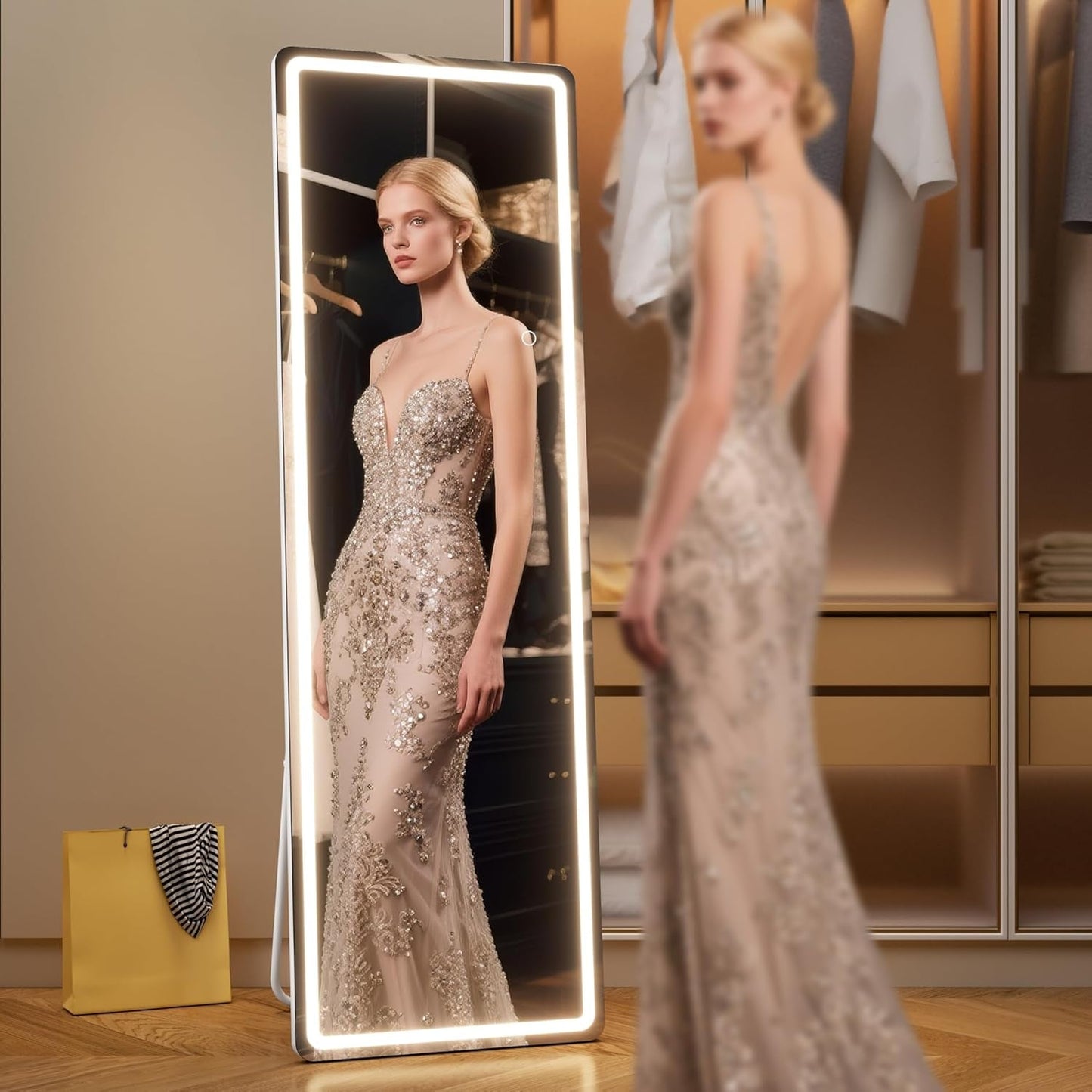 56 Inch LED Lighted Floor Standing Mirror with Tempered Glass and Touch Control