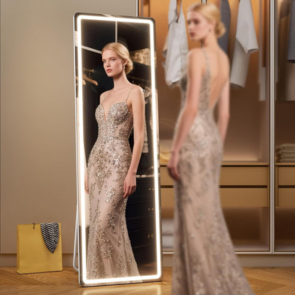 56 Inch LED Lighted Floor Standing Mirror with Tempered Glass and Touch Control